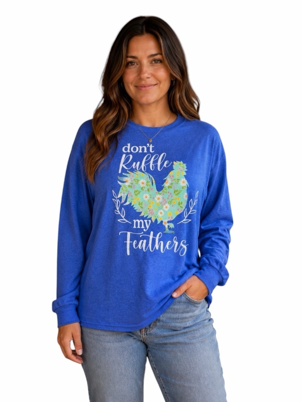 Colorful Blue Large Long Sleeve Graphic T-shirt Chicken Mom Farmhouse